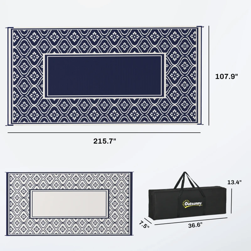 Outsunny Reversible Outdoor Rug, Waterproof Plastic Straw with Carry Bag, 9' x 18', Blue & White Gourd Border
