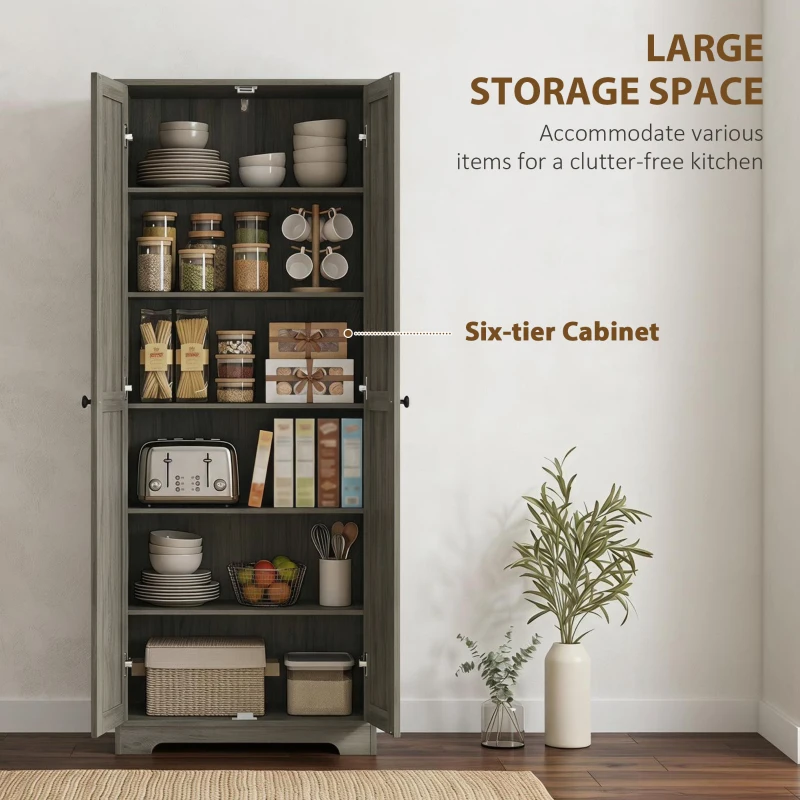 HOMCOM 67" Farmhouse Pantry Cabinet, Freestanding Food Pantry Cabinet with Adjustable Shelves, Distressed Gray