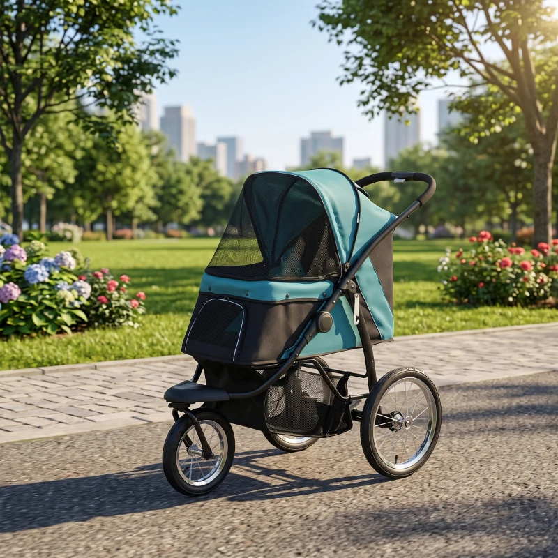 PawHut 3 Wheels Pet Stroller for Small Dogs and Medium Dogs with Adjustable Canopy, Safety Tether, Storage Basket, Dark Green