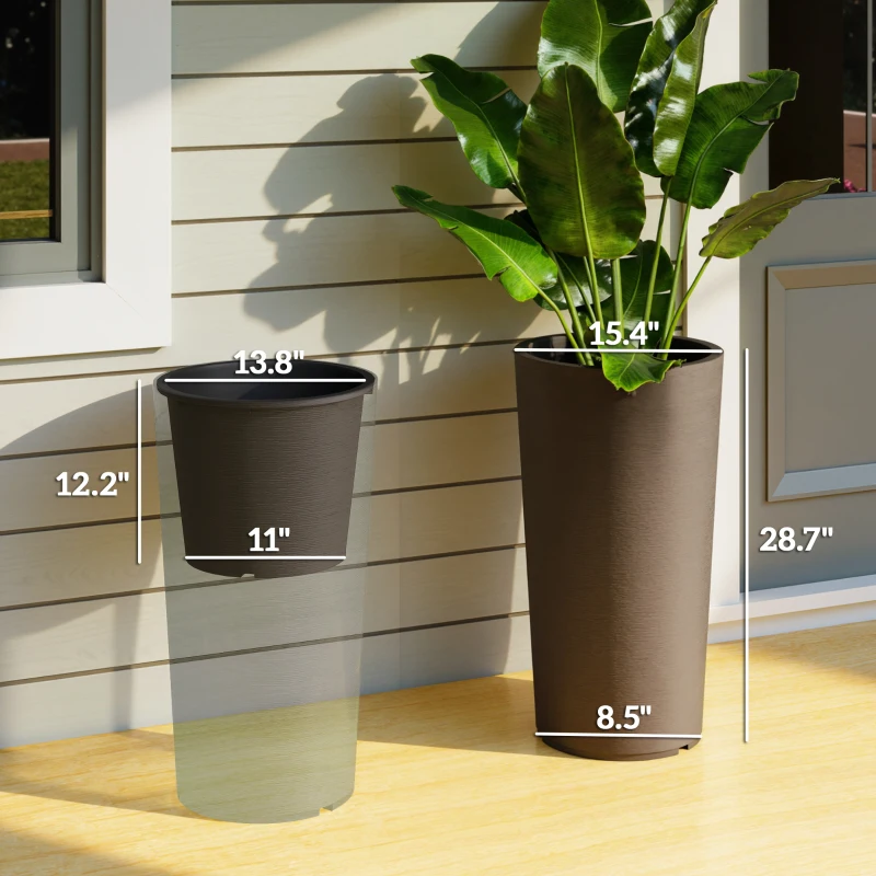Outsunny 29 Inch Outdoor Planter, Set of 2 Plastic Flower Pots, Weather and UV Resistant Stackable Large Planters, Brown