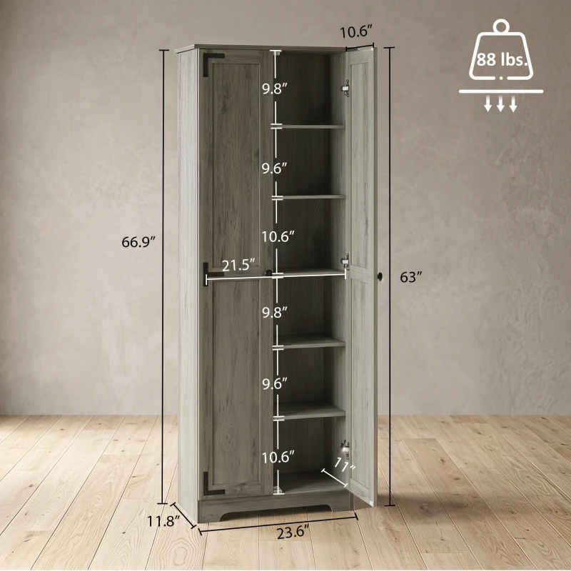 HOMCOM 67" Farmhouse Pantry Cabinet, Freestanding Food Pantry Cabinet with Adjustable Shelves, Distressed Gray