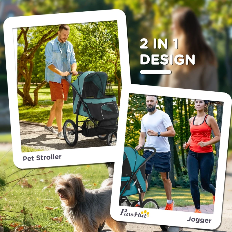 PawHut 3 Wheels Pet Stroller for Small Dogs and Medium Dogs with Adjustable Canopy, Safety Tether, Storage Basket, Dark Green