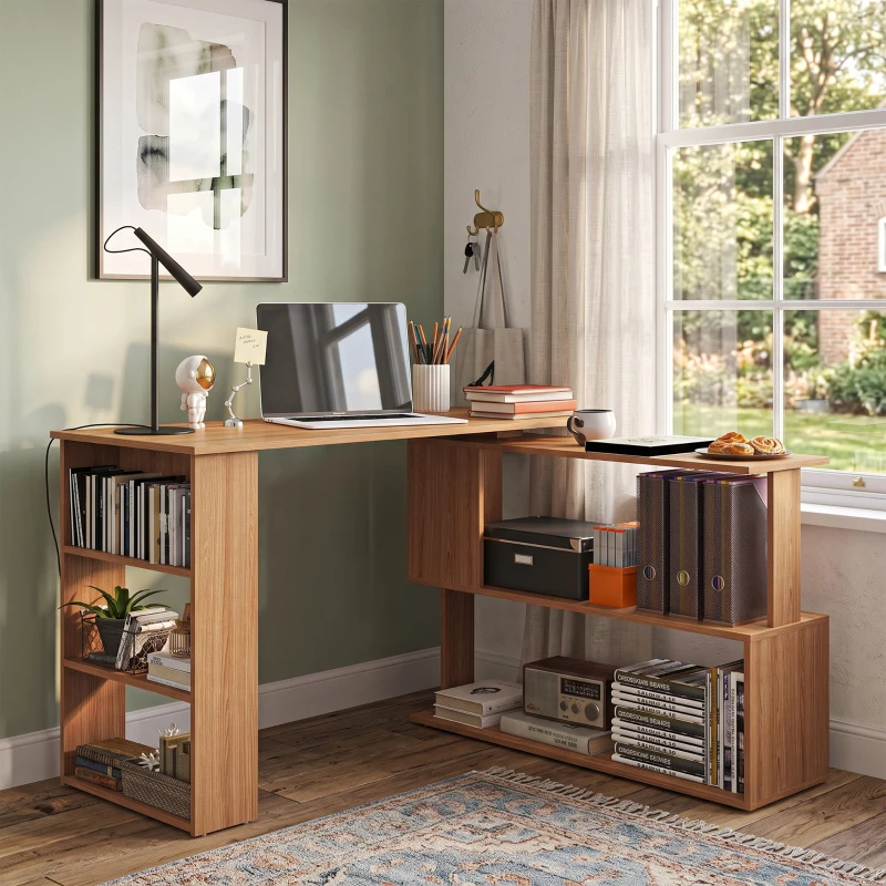 HOMCOM L Shaped Corner Desk, 360 Degree Rotating Home Office Desk with Storage Shelves, Writing Table Workstation, Maple