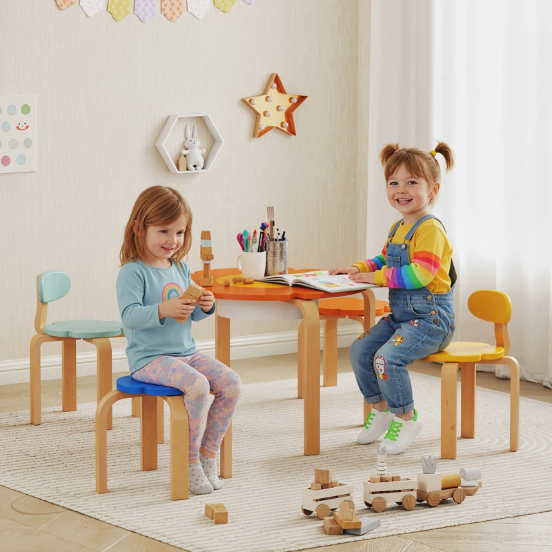 Qaba 5 Piece Kids Table and Chairs Set, Toddler Table and Chair Set with Built-in Storage, for Nursery, Living Room, Playroom