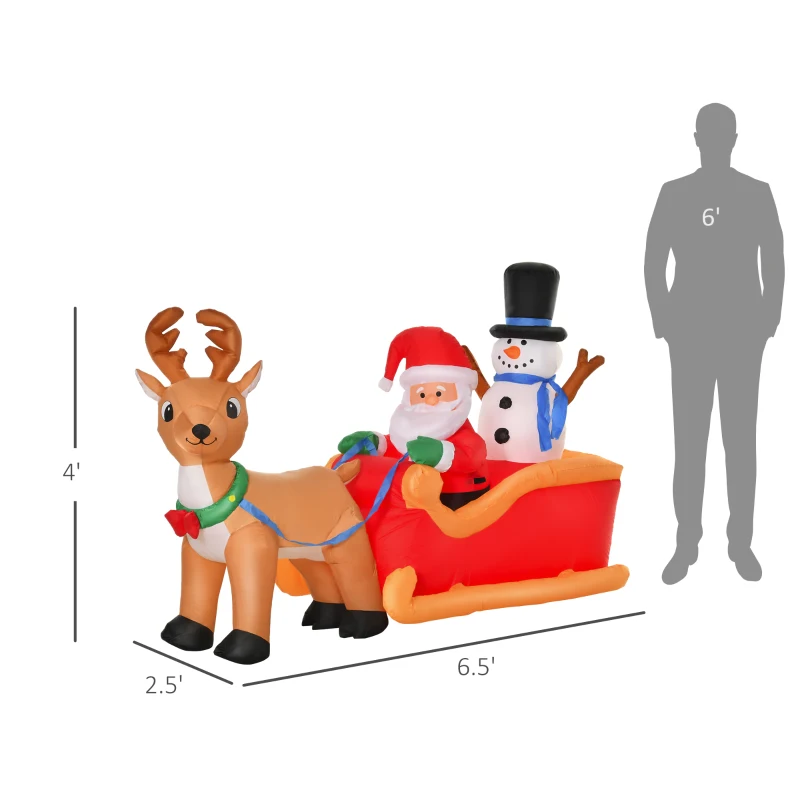 HOMCOM 6.5 ft Long Christmas Inflatables Outdoor Decorations Santa Claus on Sleigh, Reindeer and Snowman with LED Lights for Holiday Yard Christmas Decor