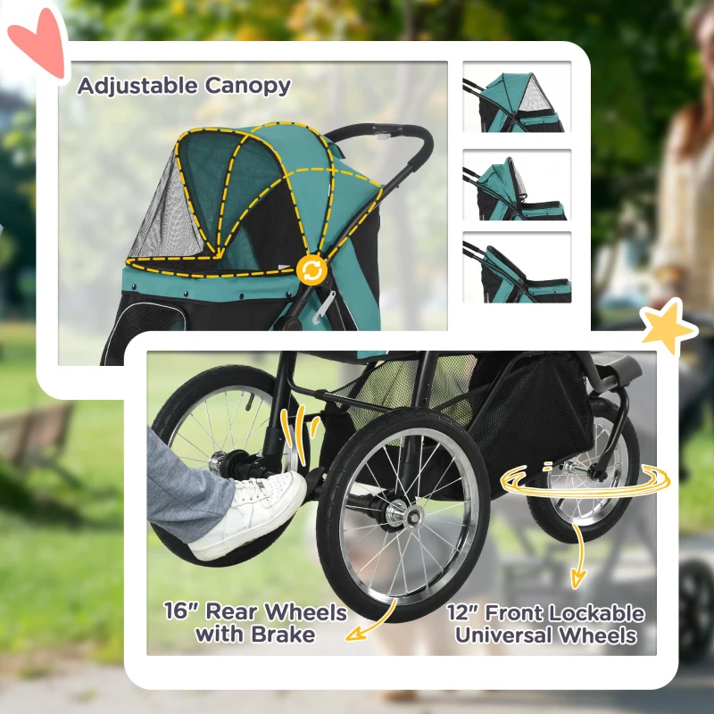 PawHut 3 Wheels Pet Stroller for Small Dogs and Medium Dogs with Adjustable Canopy, Safety Tether, Storage Basket, Dark Green