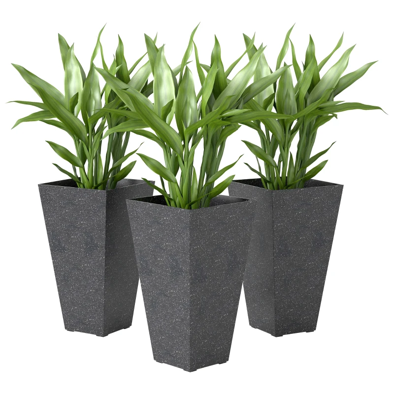 Outsunny 28" Tall Planters, Set of 3 Plastic Flower Pots with Marble Finish and Drainage Holes, Stackable Taper Planters, Black