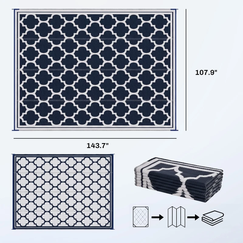 Outsunny Reversible Outdoor Rug, 9' x 12' Waterproof Plastic Straw Floor Mat, Portable RV Camping Carpet, Large Floor Mat for Backyard, Deck, Picnic, Beach, Blue & White(m-3)