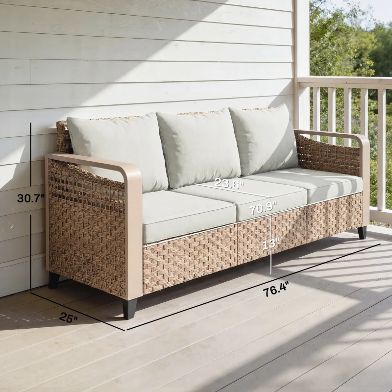 Outsunny Rattan Wicker Sofa 3-Seater Outdoor Patio Sofa with Cushions for Garden Backyard Porch Beige