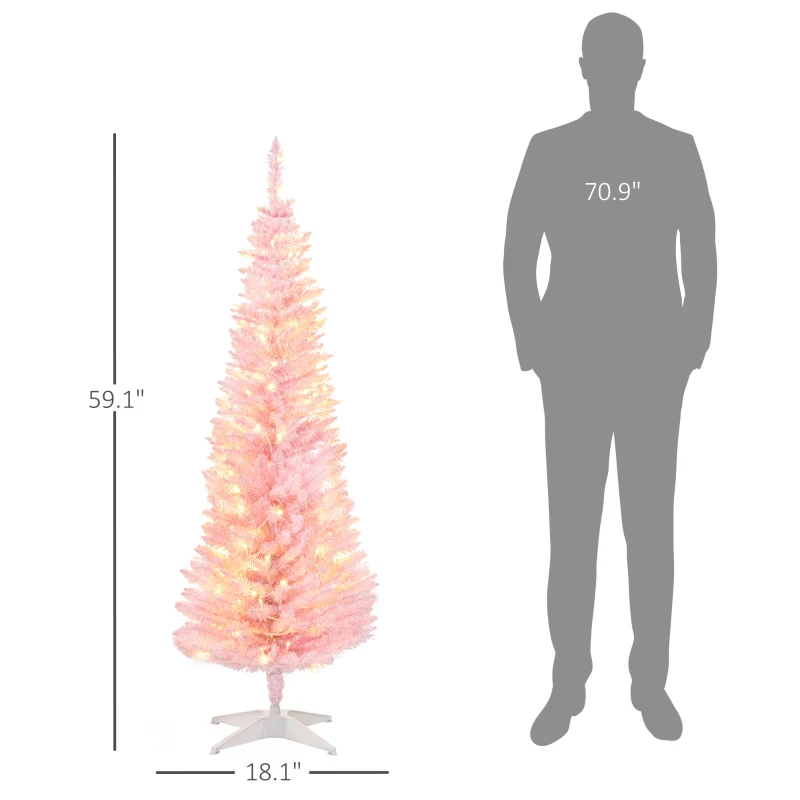 HOMCOM 5ft Pencil Christmas Tree, Slim Artificial Christmas Tree with Realistic Branches and Warm White LED Lights, Pink