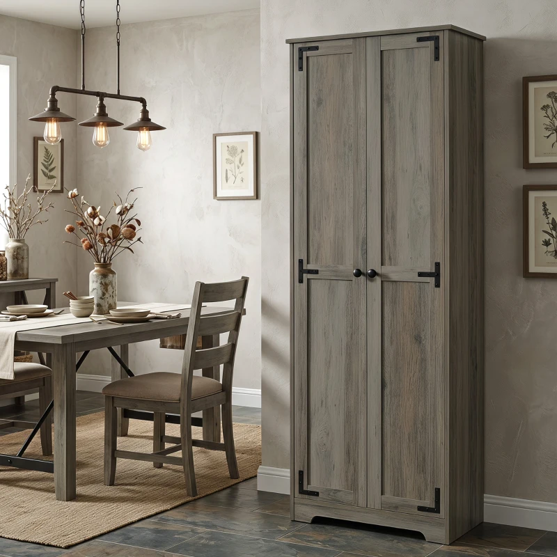 HOMCOM 67" Farmhouse Pantry Cabinet, Freestanding Food Pantry Cabinet with Adjustable Shelves, Distressed Gray