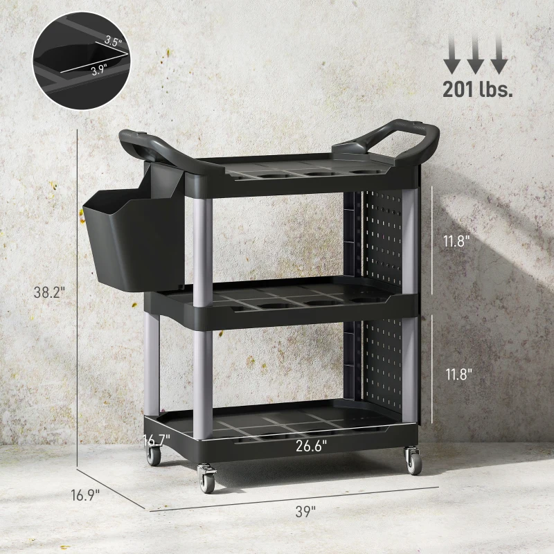 HOMCOM 3-Tier Rolling Tool Cart, 200 LBS Capacity Plastic Utility Cart with Side Shelf and Bucket, Black and Light Gray