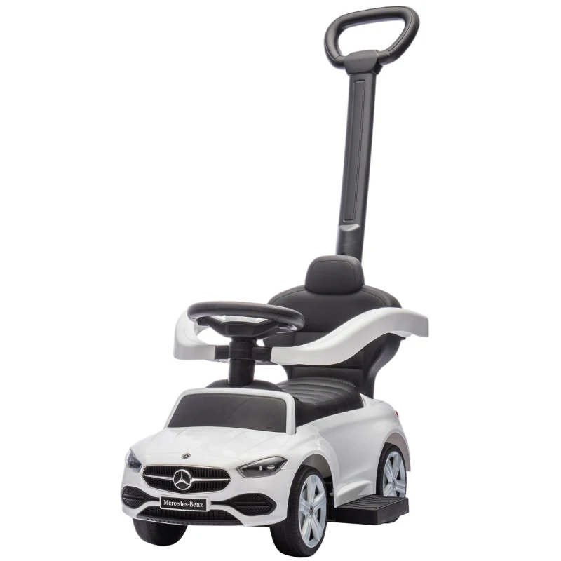 Qaba Licensed Mercedes-Benz Push Car for Toddlers, 2-in-1 Sliding Walking Car with Push Handle, Horn, Guardrail, White