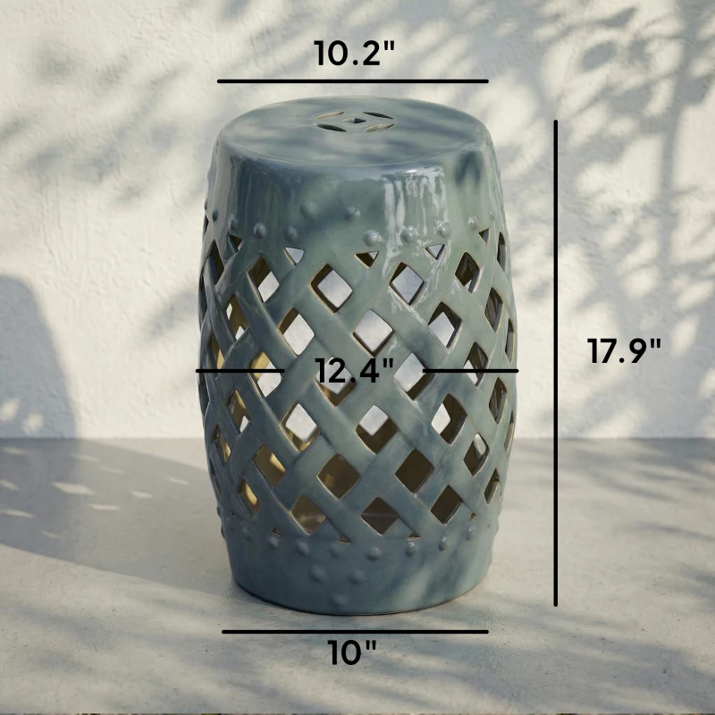 Outsunny 12.5" x 18" Ceramic Garden Stool with Woven Lattice Design & Glazed Strong Materials Decorative Outdoor Stool, Green