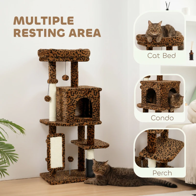 PawHut 41 Inch Cat Tree with Scratching Posts, Cat Bed, Condo, Jumping Platforms, Toy Balls, Leopard Print