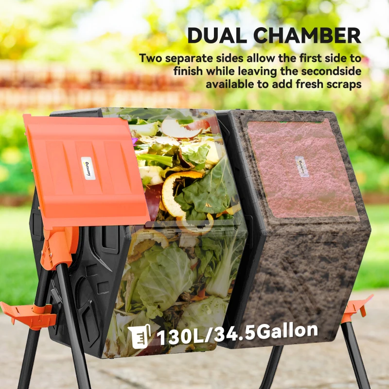 Outsunny Rotating Composter, Dual Chamber Compost Bin with 24 Vents and Steel Legs, 34.5 Gallon, Orange