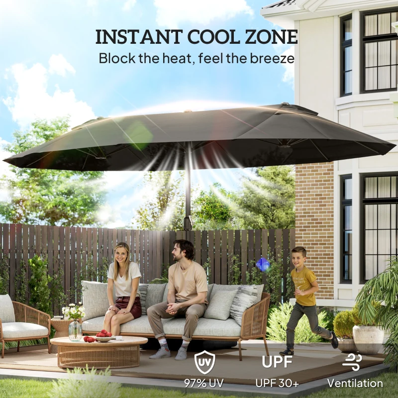 Outsunny 15' Outdoor Patio Umbrella with Twin Canopy Sunshade Steel Table Umbrella w/ Lift Crank, Cross Base, Sandbag, Dark Grey
