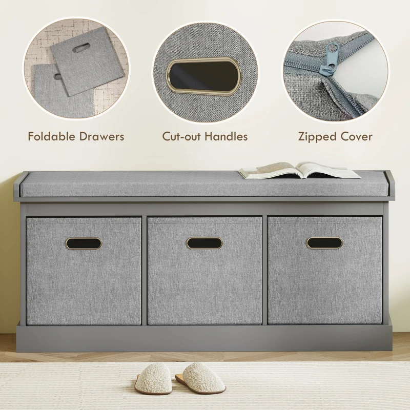 HOMCOM Shoe Storage Bench with Seat, Entryway Bench Seat with Cushion, 3 Fabric Drawers for Hallway, Dark Grey