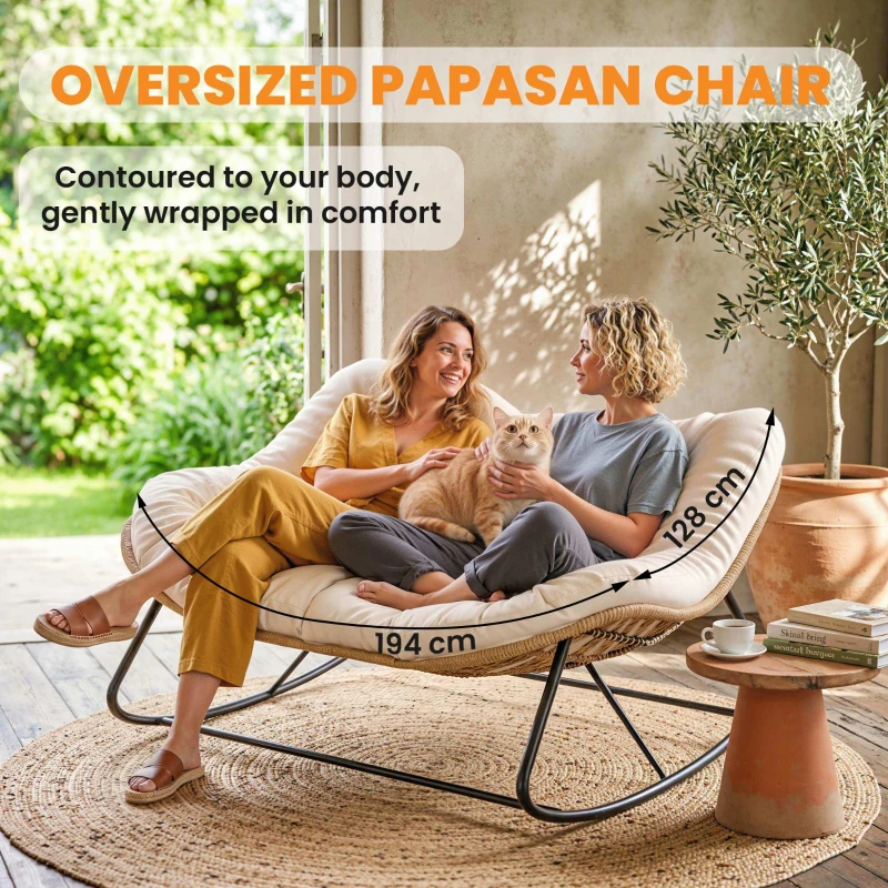 Outsunny Indoor Outdoor Double Papasan Rocking Chair, Oversized Rocking Egg Chair with Cushion for Garden, Patio, Cream White