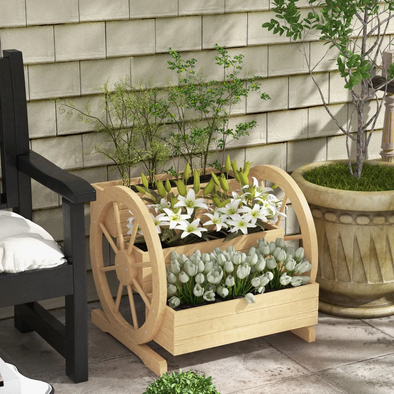 Outsunny Wooden Wagon Planter Box, 3-Tier Raised Garden Bed, for Vegetables Flowers Herbs, 24" x 24" x 22", Natural