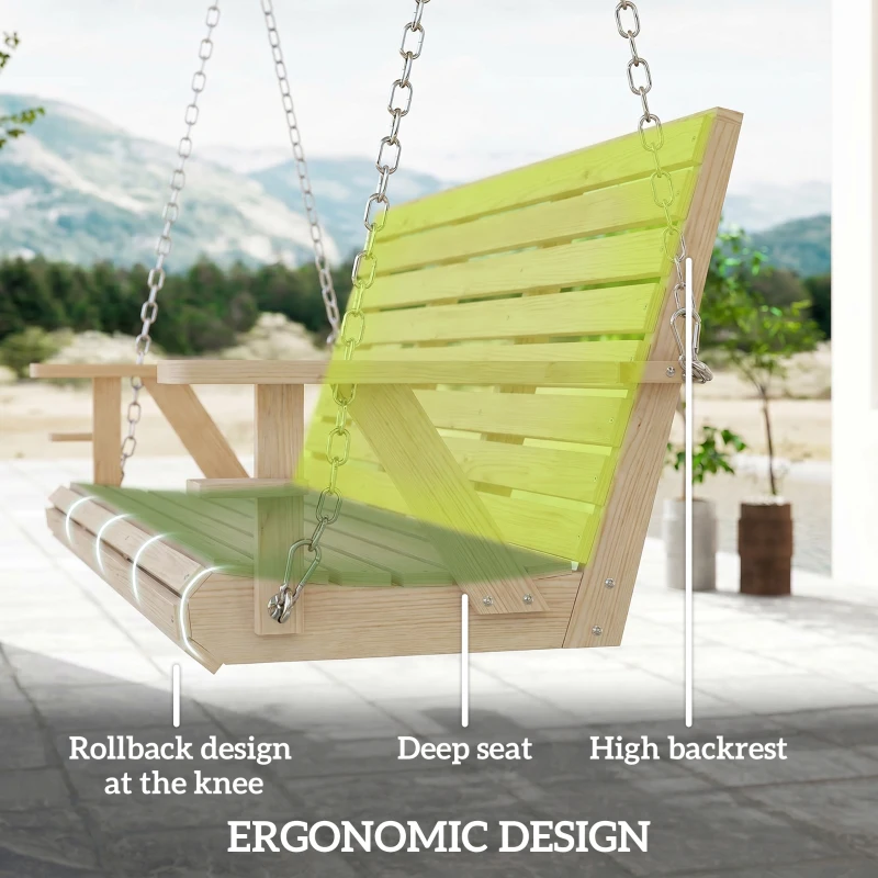 Outsunny 3-Seater Swing Bench, Wooden Porch Swing with Cupholders, Hanging Chains for Patio Garden, Nature Wood