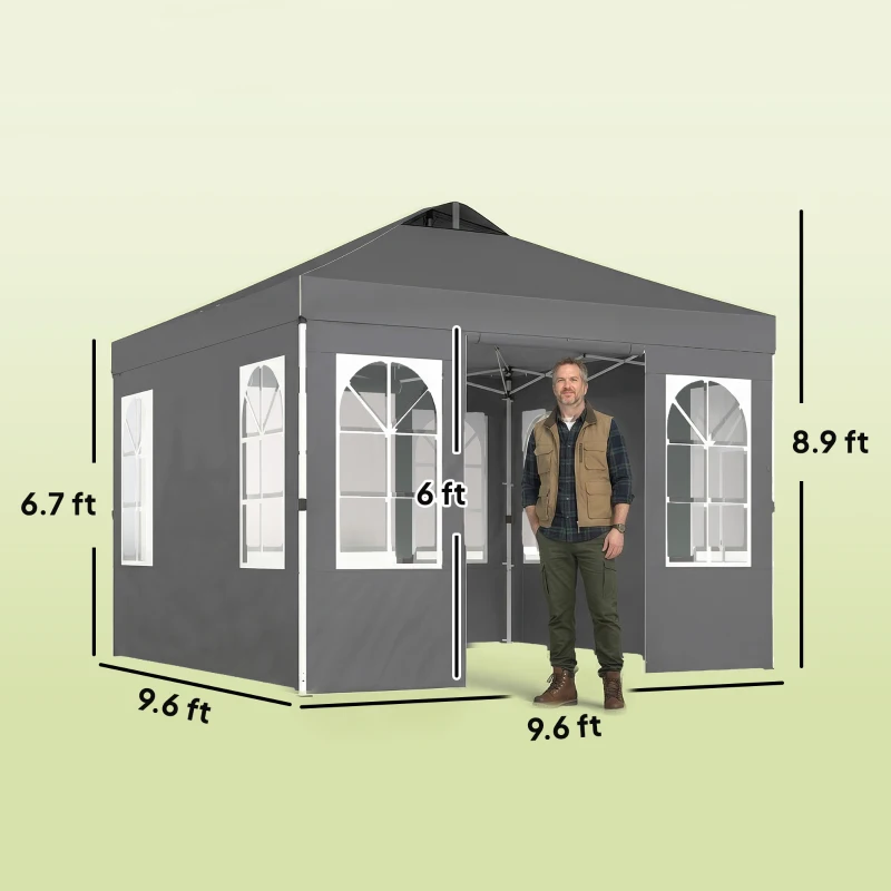 Outsunny 9.6 x 9.6 ft Pop Up Canopy Tent with Sidewalls, One Push Setup, UPF50+ Portable Instant Canopy Shelter, Dark Gray