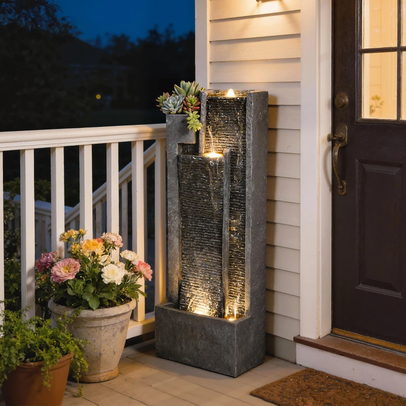 Outsunny 40" Tall Outdoor Waterfall Fountain with LED Lights and Planter, 3-Tier Cascading Waterfall Feature with Pump, Dark Gray