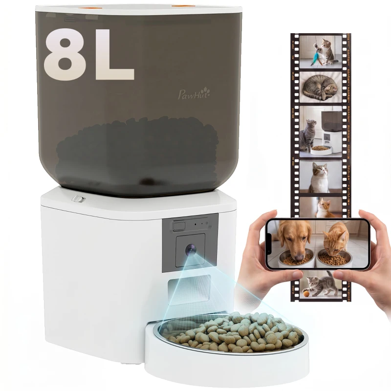 PawHut Automatic Cat Feeder with Camera, 2.4G WiFi, APP Control 8L Pet Feeder 1-10 Meals with 2-Way Audio, Dual Power Supply