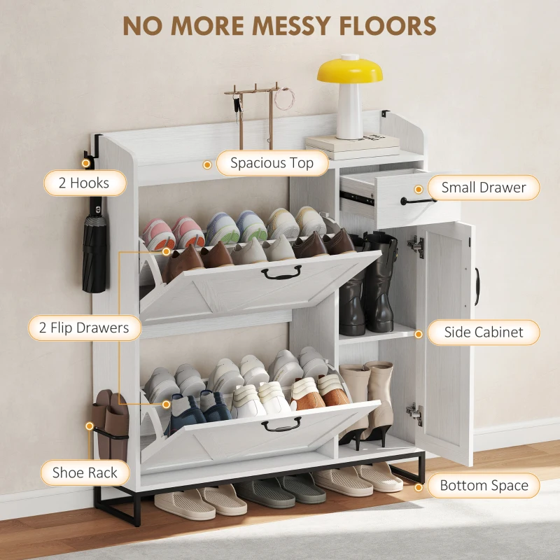 HOMCOM Farmhouse Shoe Storage Cabinet with Side Cabinet and Adjustable Shelves for Entryway, Hallway, Holds 12 Pairs, White
