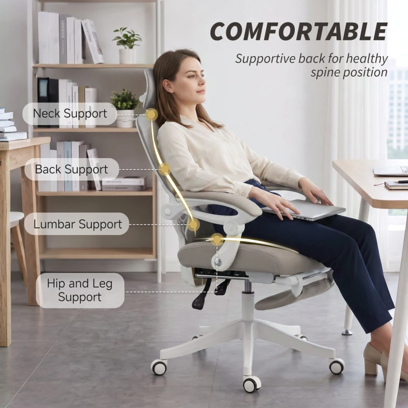 HOMCOM Mesh Desk Chair with Adjustable Headrest, Reclining Ergonomic Office Chair with Footrest, Light Grey