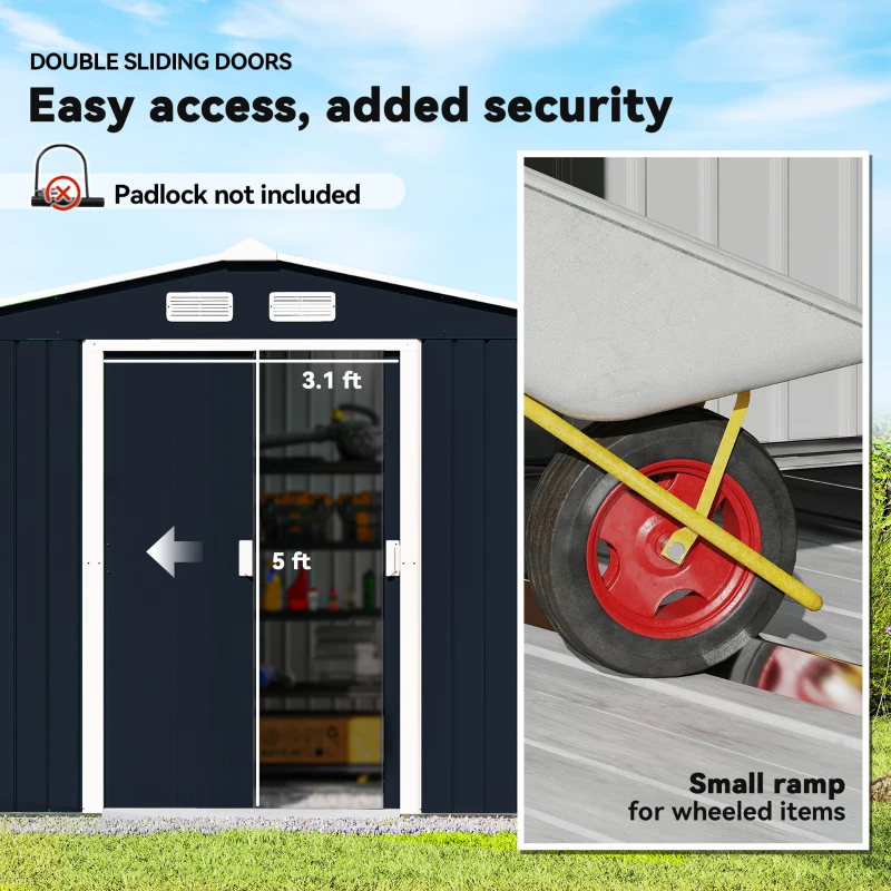 Outsunny 9' x 6' Outdoor Storage Shed, Garden Tool Metal Shed with Foundation Kit, Dark Gray