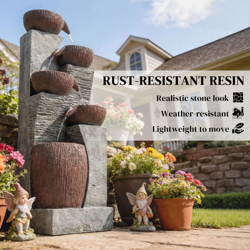 Outsunny Outdoor Water Fountain with 5-Tier Crock Design, 51.2" Tall Cascading Waterfall Garden Fountain with LED Lights