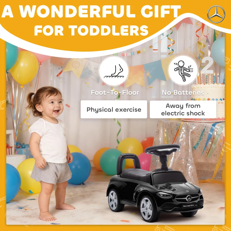 Qaba Mercedes-Benz C-Class Kids Ride On Car, Foot-to-Floor Sliding Walker with Under-Seat Storage, for 18-36 M, Black