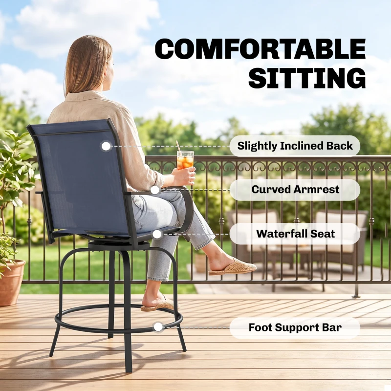 Outsunny Outdoor Bar Stools Set of 2, 360° Swivel Bar Height Chairs, 26.75" x 29.5" x 48.5", Navy Blue