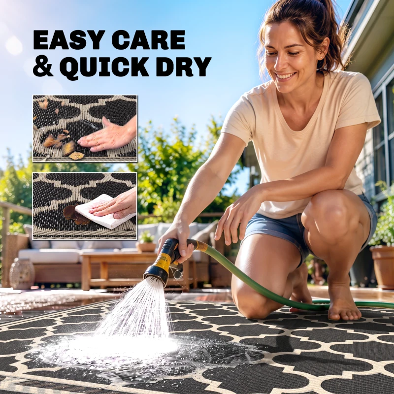 Outsunny Reversible Outdoor Rug, Waterproof Plastic Straw with Carry Bag, 9' x 12', Black & Beige Rhombus