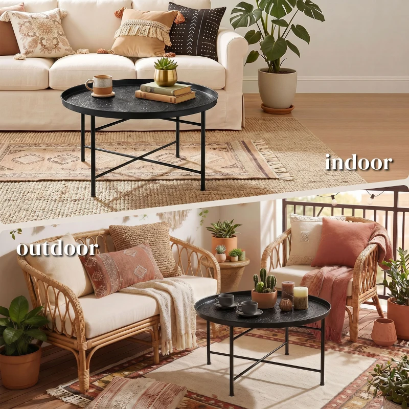 HOMCOM Coffee Table for Living Room, 24" Round Center Table with Hammered Tray Top and Metal Frame for Bedroom, Black