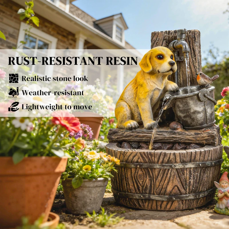 Outsunny 22" Outdoor Fountain with 3-Tier Puppy Theme, Resin Garden Fountain with LED Lights, Adjustable Flow, Rustic Brown