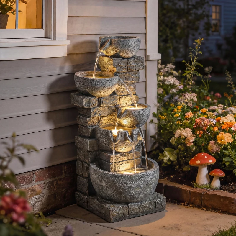 Outsunny Outdoor Water Fountain with LED Lights, 31.5" Tall 5 Tiers Cascading Water Feature for Garden Patio Home Decor, Gray