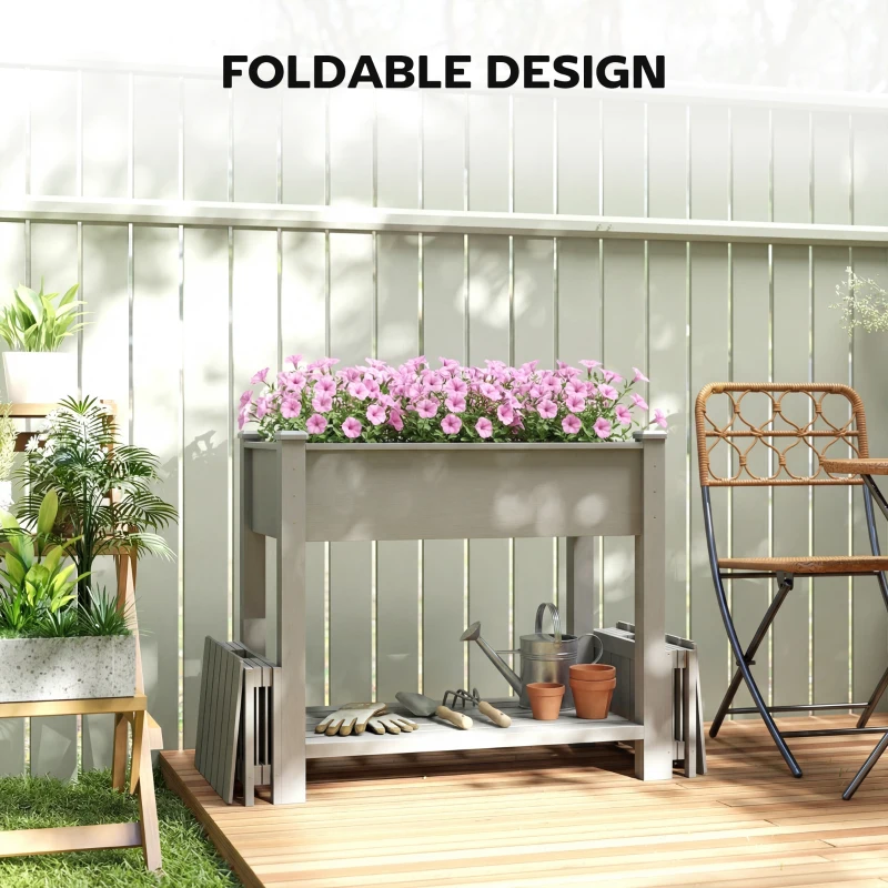 Outsunny Wooden Raised Garden Bed with 2 Foldable Side Pots, Raised Planter with Storage Shelf and Drainage Holes