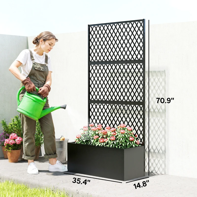 Outsunny Metal Planter Box with Trellis, Raised Garden Bed with Trellis, Diamond Lattice Privacy Planter for Climbing Plants