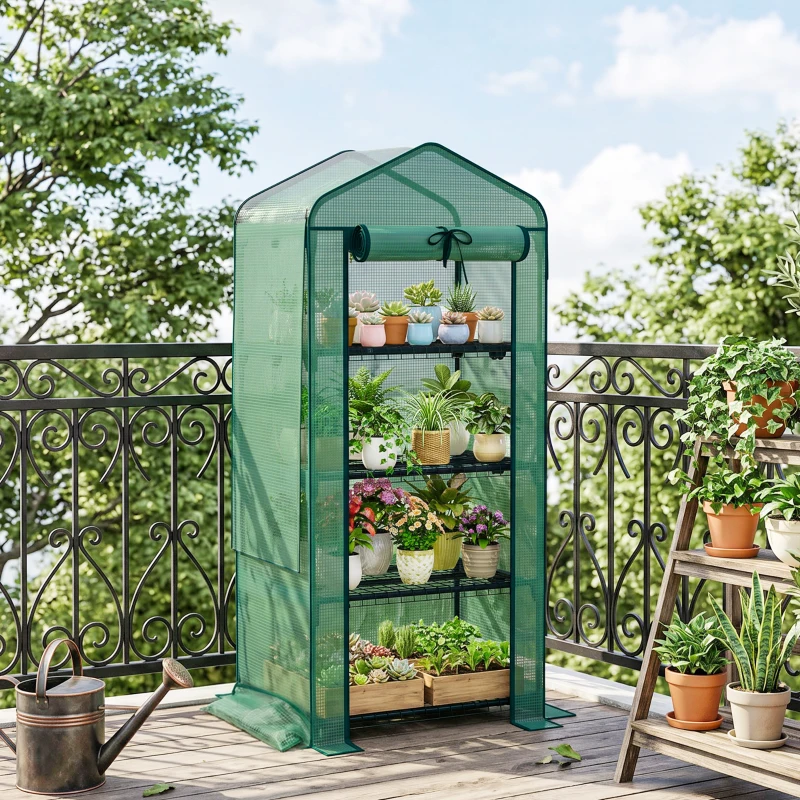 Outsunny Mini Greenhouse with Screen Roof, 4 Tier Portable Small Greenhouse with High Strength PE Cover, Green