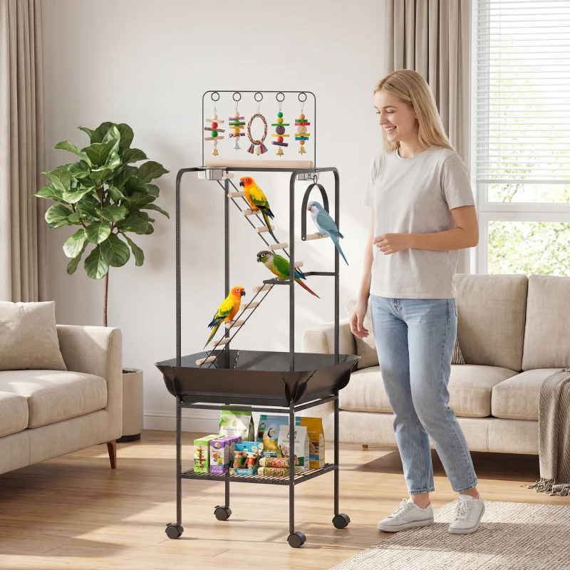 PawHut 64"H Rolling Bird Playground Parrot Stand with Seed Guard & Wheels, Ladders, Swing, Toy Hook & Bowls