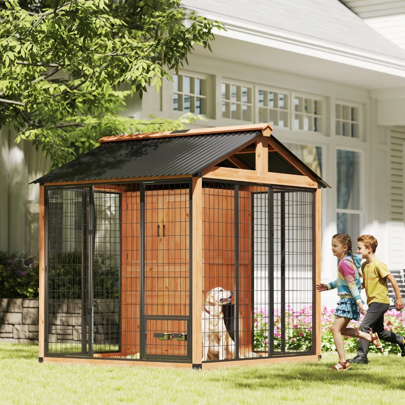 PawHut 7' x 6' Extra Large Dog House, Wood Outdoor Dog Kennel with Storage Cabinet, Stainless Steel Bowls, Light Yellow