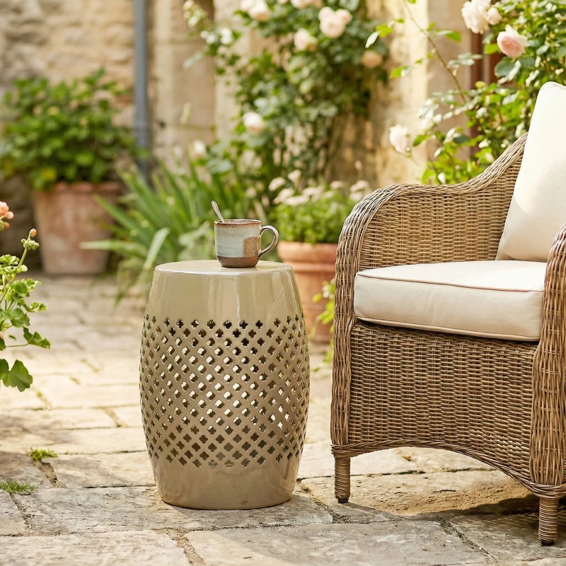 Outsunny 12.4" Steel Patio End Table, Round Hollow Drum Side Table, Accent Table for Indoor and Outdoor, Khaki