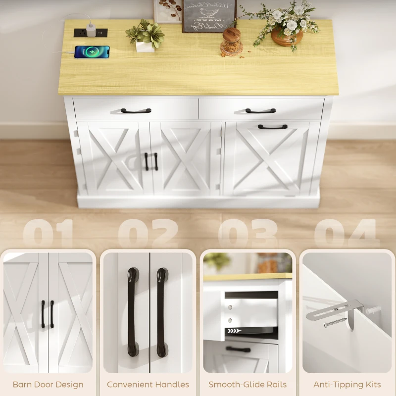 HOMCOM 7 Gallon Tilt Out Garbage Cabinet, Kitchen Island with Charging Station, 2 Drawers, 4 Door Racks, White