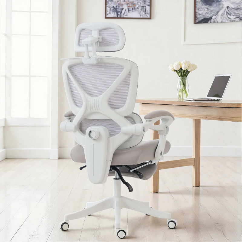 HOMCOM Mesh Desk Chair with Adjustable Headrest, Reclining Ergonomic Office Chair with Footrest, Light Grey