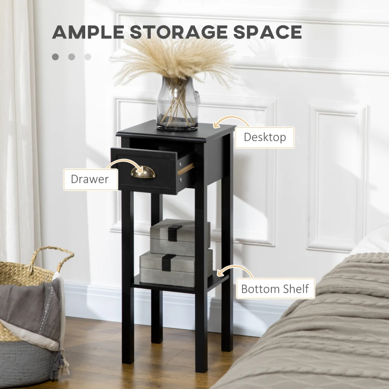 HOMCOM 2-Tier Nightstand, Side Table with Drawer and Shelf for Living Room or Bedroom, Set of 2, Black