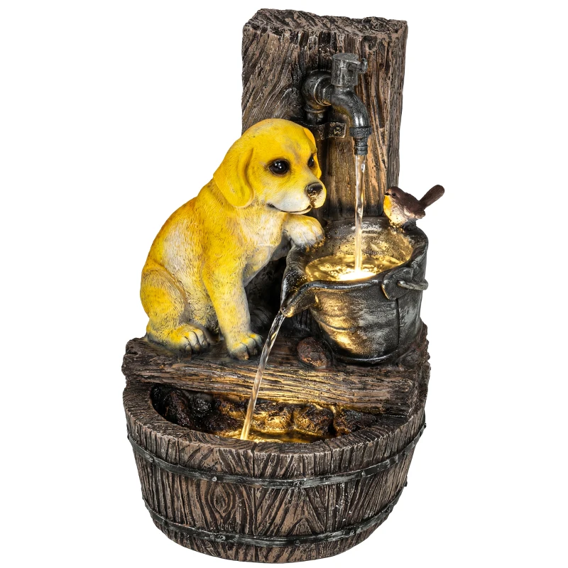 Outsunny 22" Outdoor Fountain with 3-Tier Puppy Theme, Resin Garden Fountain with LED Lights, Adjustable Flow, Rustic Brown