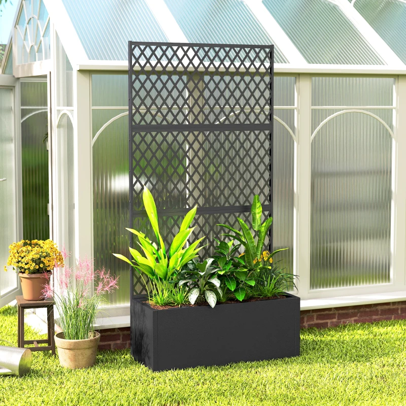 Outsunny Metal Planter Box with Trellis, Raised Garden Bed with Trellis, Diamond Lattice Privacy Planter for Climbing Plants