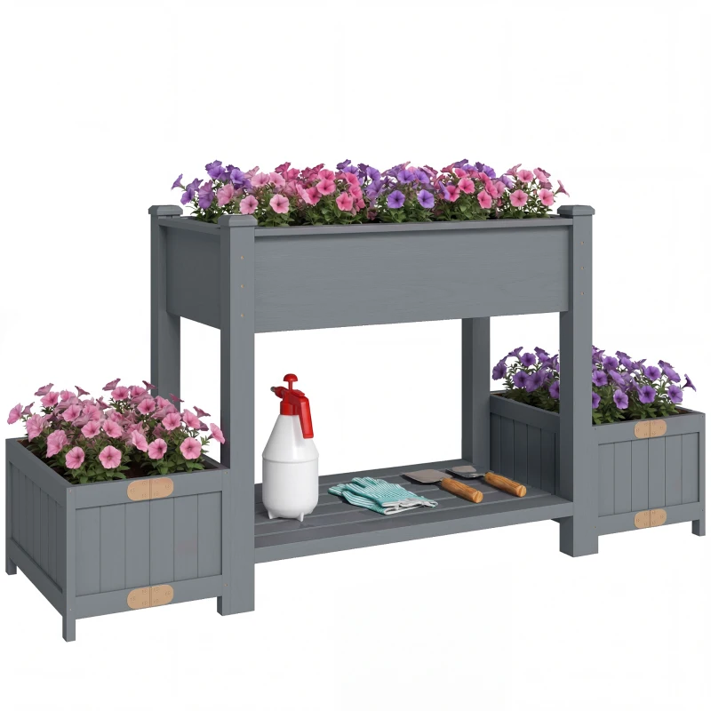 Outsunny Wooden Raised Garden Bed with 2 Foldable Side Pots, Raised Planter with Storage Shelf and Drainage Holes